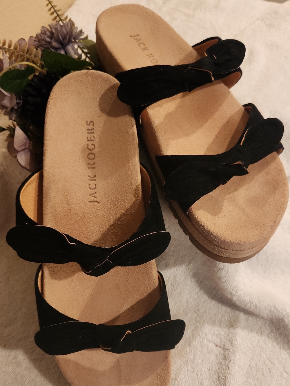 Jack Rogers Black Suede Bow Platform Slide Sandals